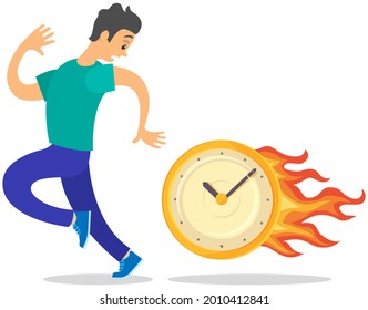 Deadline business concept, time management, fear of being late. Businessman is afraid of time. Scared man standing near burning clock jumping in hurry running away in awe isolated on white background