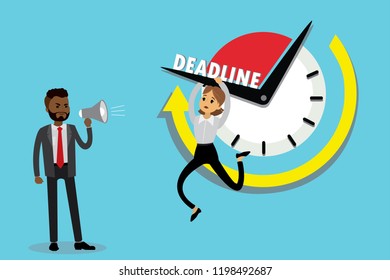 Deadline business concept,African american male boss screams into a megaphone and Sad caucasian female office worker hanging on the clock arrow,flat vector illustration