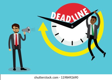 Deadline business concept,Caucasian male boss screams into a megaphone and Sad african american office worker hanging on the clock arrow,flat vector illustration