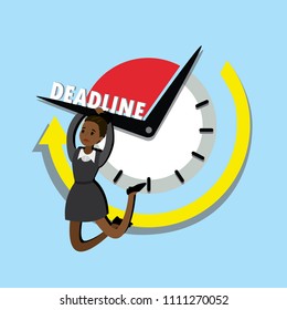 Deadline business concept,Sad african american Businesswoman hanging on the clock arrow,flat vector illustration