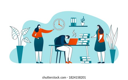 Deadline in business work concept, thin lines vector illustration. Worker with laptop in office and rushing to finish his project. Dead line. Time is running out. Time management and procrastination.
