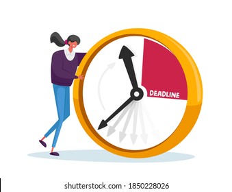 Deadline, Business Working Process Organization Concept. Businesswoman Character at Huge Alarm Clock. Time Management, Procrastination, Lack of Time, Work Productivity. Cartoon Vector Illustration