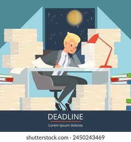 Deadline busy manager hard work with documents in night office space