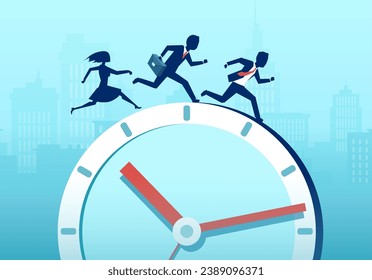 Deadline, busy office life concept. Vector of business people run fast around the clock.