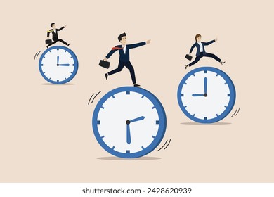 Deadline or busy work, performance concept, time management, team productivity, fast speed to complete within time countdown, business people riding clock to finish work assignment.