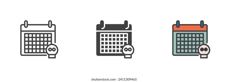 Calendario de vencimiento de un conjunto de iconos de estilo diferente. Línea, glifo y contorno relleno versión colorida, contorno y signo vectorial relleno. Símbolo de la fecha límite, ilustración del logotipo. Gráficos vectoriales