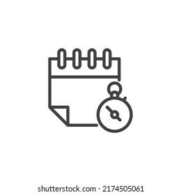 Icono de línea de calendario de fecha límite. signo de estilo lineal para concepto móvil y diseño web. Icono de vector de contorno de cronograma y cronómetro. Símbolo, ilustración del logotipo. Gráficos vectoriales