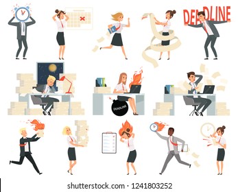 Deadline characters. Business overworked people directors managers stressed and rushing danger workspace vector people isolated