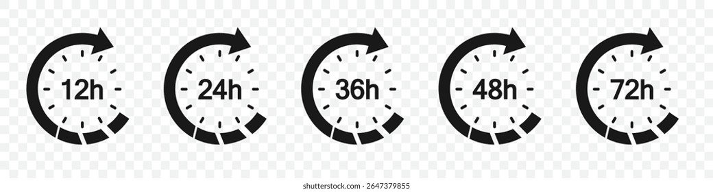 Flecha de reloj de fecha límite 12, 24, 36, 48, 72 horas en un diseño plano