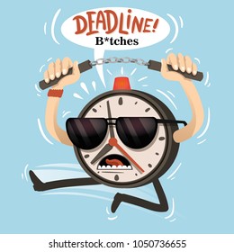 Deadline is coming. Vector illustration of greeting card concept. Alarm clock with the siren is held by nunchak. Alarm clock karate, evil cop. Vector for t shirt printing. Graphic tee and printed tee