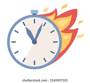 Deadline concept. Alarm in fire icon. Burning clock sign. Time management. Vector flat illustration
