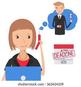 Deadline concept. Angry Boss calling to his employee. Vector Illustration