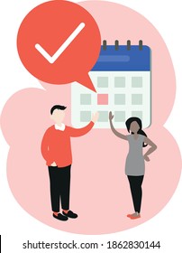 Deadline concept art. Business people working together, finish work on time. Calendar with check mark. Positive business vector illustration.