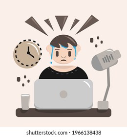 Deadline concept, bad time management. Men are tired, nervous, stressed, and sweating. flat vector cartoon illustration with table, drinking water, lamp, and laptop.