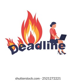 Deadline concept. Burning work. Rush job. Businesswoman sitting on a burning word. Symbol of the deadline. Finish the work on time. Vector illustration flat design. Isolated on a white background.