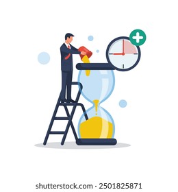 Deadline concept. Businessman adds sand to an hourglass. Not enough time. Hourglass as a symbol of limited time. Business metaphor. Vector illustration flat design. Isolated on white background.