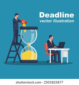 Deadline concept. Businessman at desk working, not enough time. Hourglass as a symbol of limited time. Teamwork. Business metaphor. Vector illustration flat design. Isolated on white background.