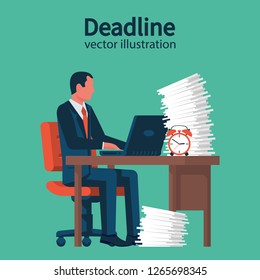 Deadline concept. Businessman at table with a large stack of papers. A lot of work on edge of term. Stop time concept. Business metaphor. Vector illustration flat design. Isolated on white background