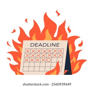 Deadline concept. Calendar with the scheduled date is on fire. Modern flat cartoon illustration isolated on white background