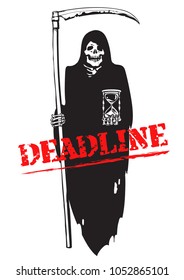 Deadline concept  Cartoon Death and scythe   hourglass  Red bloody text Deadline  Hand drawn sketch vector illustration isolated white background 