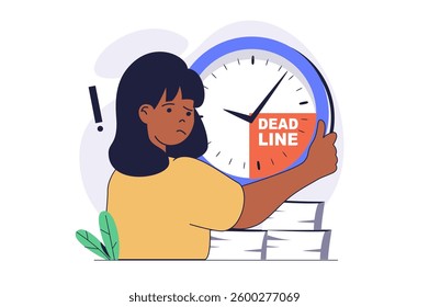 Deadline concept with cartoon people in flat design for web. Woman doing urgency paperwork while time burning, hurry to finish job while clock countdown, workflow with stress. Vector illustration.