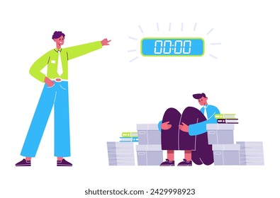 Deadline concept. Cartoon stressed employee under pressure, manager shouting at colleague. Anxious office worker sitting among documents in panic. Male character has no time vector. Time management