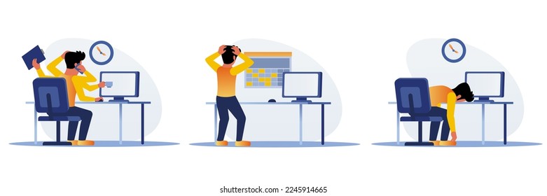 Deadline concept. Character in office with a lot of work. Employee stressed out on workplace. People in hurry to finish tasks and nervous. Vector illustration