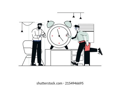 Concepto de fecha límite en diseño de línea plana. El jefe señala al reloj de tictac, el empleado está apurado para completar la tarea de trabajo. El estrés laboral y la gestión del tiempo. Ilustración vectorial con escena de personas de contorno para web