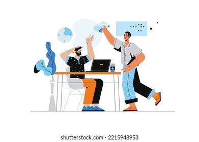 Deadline concept with human scene in flat style. Colleagues in office rush to complete tasks while time is counting down. Work stress and overtime. Vector illustration with character design for web