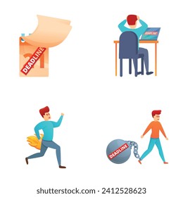 Deadline concept icons set cartoon vector. Stressed employees working overtime. Urgent work, time management