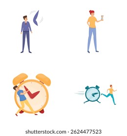 Deadline concept icons set cartoon vector. Group of working people and big clock. Time management