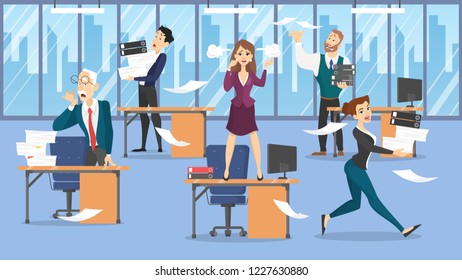 Deadline concept. Idea of many work and few time. Employee in a hurry. Panic and stress in office. Business problems. Flat vector illustration