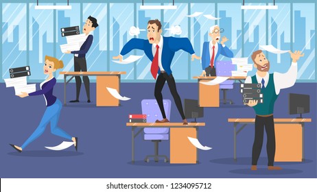 Deadline concept. Idea of many work and few time. Employee in a hurry. Panic and stress in office. Business problems. Flat vector illustration