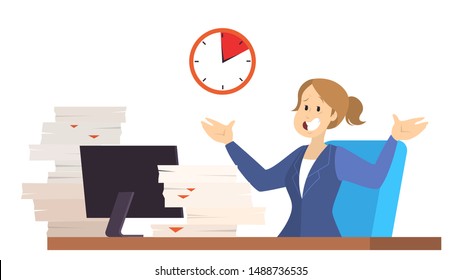 Deadline concept. Idea of many work and few time. Panic and stress in office. Business problems. Vector illustration in cartoon style