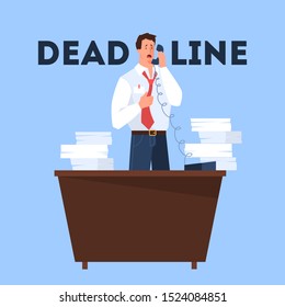 Deadline concept. Idea of many work and few time. Employee in a hurry. Panic and stress. Business problems. Isolated vector illustration in cartoon style