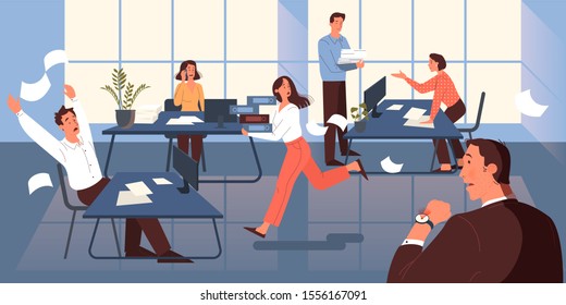 Deadline concept. Idea of many work and few time. Employee in a hurry. Panic and stress in office. Business problems. Flat illustration