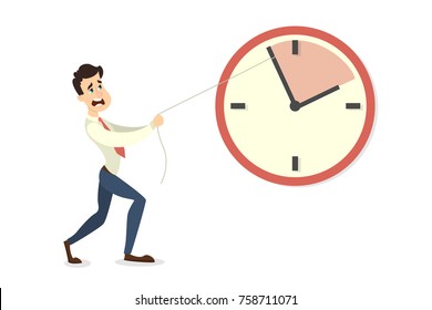 Deadline concept illustration. Businessman pushing the clock arrow to delay.