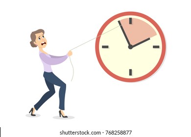 Deadline concept illustration. Businesswoman pushing the clock arrow to delay.