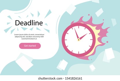 	
Deadline concept illustration with clock for web design, banner, mobile app, landing page. Project time limit. Vector flat design template.