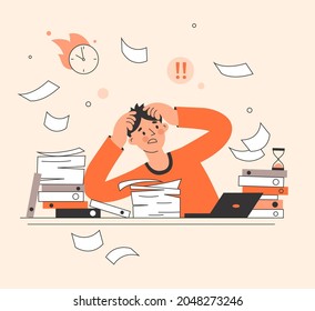 Deadline concept illustration, man overwork in office, large amount of work vector.