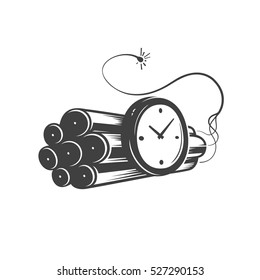 Deadline concept logo, dynamite icon emblem with watch timer and burning fuse, large explosive charge tnt, countdown vector symbol