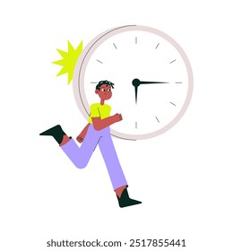Deadline concept with a male character running to meet the time represented by a large clock, flat vector illustration symbolizing urgency, time management, isolated on white background