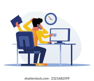 Concepto de plazo. Hombre en el cargo con mucho trabajo. Los empleados hicieron hincapié en el lugar de trabajo. Gente con prisa para terminar las tareas y nerviosa. Ilustración del vector