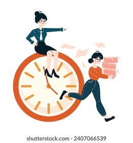 Deadline concept. Manager directs operations as staff tackle time-sensitive tasks, symbolized by a prominent clock. Flat vector illustration