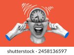 Deadline concept. Modern collage with indignant female head with an alarm clock inside. Woman plugging her ears with her fingers. Halftone alarm clock is ringing. Trendy vintage newspaper parts