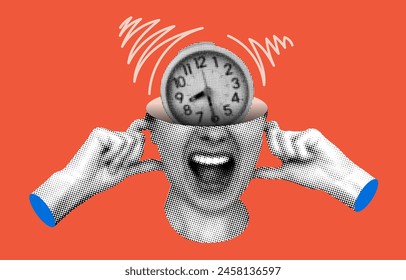 Deadline concept. Modern collage with indignant female head with an alarm clock inside. Woman plugging her ears with her fingers. Halftone alarm clock is ringing. Trendy vintage newspaper parts