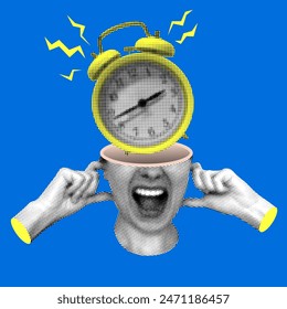 Deadline concept. Modern collage with indignant female head with an alarm clock inside. Woman plugging her ears with her fingers. Halftone alarm clock is ringing. Trendy vintage newspaper parts