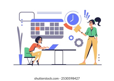 Deadline concept in modern flat cartoon design for web. Stressed woman doing paperwork at laptop in office, nervous manager alarming and hurry on, deadline rushing on workplace. Vector illustration.