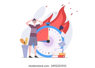 Deadline concept in modern flat design for web. Overworked employee trying hurry to time and doing many tasks, solving urgency problems and getting stress and burnout at work. Vector illustration.