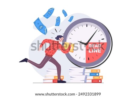 Deadline concept in modern flat design for web. Anxious employee running with documents and trying hurry to time, solving problems and urgent tasks, doing paperwork at work. Vector illustration.
